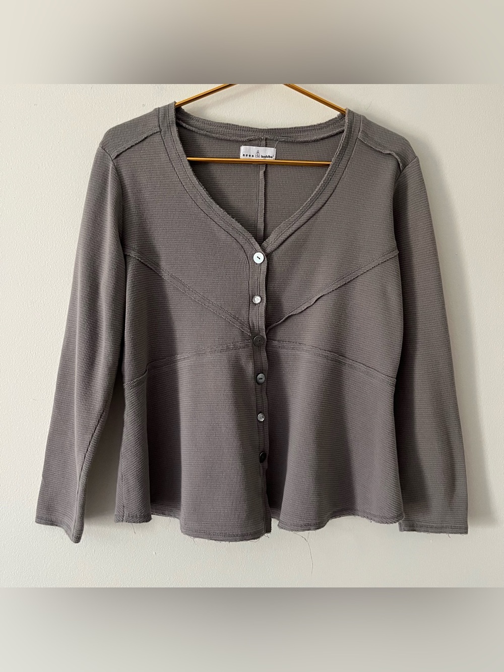 neon buddha Gray Waffle-Knit Button-Front 100% Cotton Relaxed Long Sleeve Top M